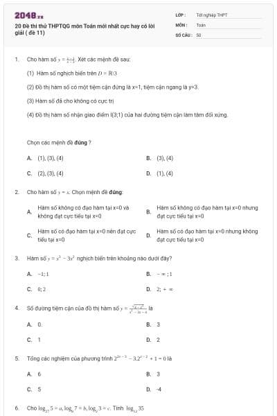 20 Đề thi thử THPTQG môn Toán mới nhất cực hay có lời giải ( đề 11)