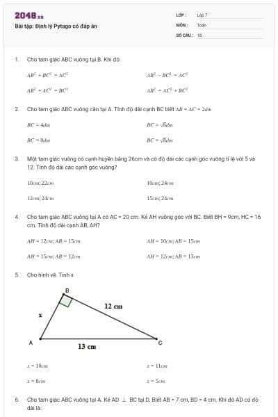 Bài tập: Định lý Pytago có đáp án