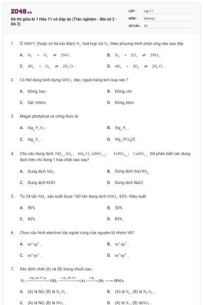 Đề thi giữa kì 1 Hóa 11 có đáp án (Trắc nghiệm - Bài số 2 - Đề 3)