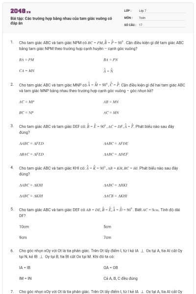 Bài tập: Các trường hợp bằng nhau của tam giác vuông có đáp án