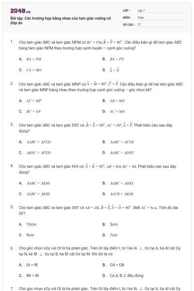Bài tập: Các trường hợp bằng nhau của tam giác vuông có đáp án