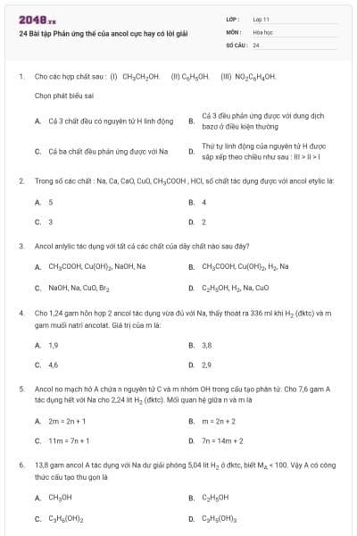 24 Bài tập Phản ứng thế của ancol cực hay có lời giải