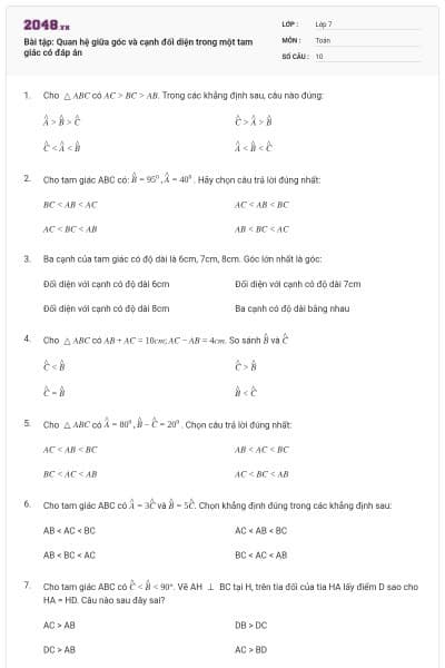Bài tập: Quan hệ giữa góc và cạnh đối diện trong một tam giác có đáp án