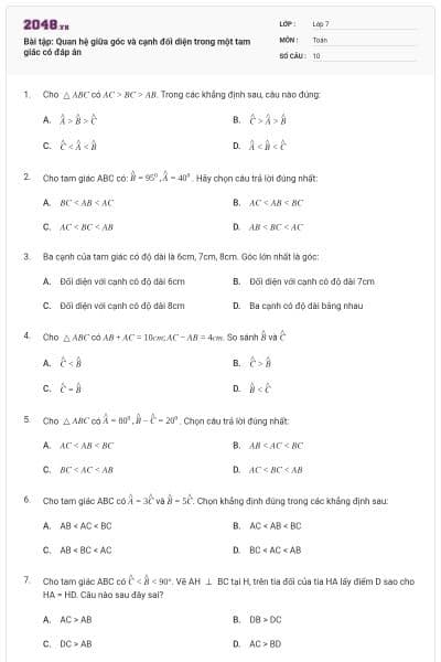 Bài tập: Quan hệ giữa góc và cạnh đối diện trong một tam giác có đáp án