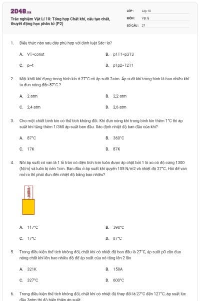 Trắc nghiệm Vật Lí 10: Tổng hợp Chất khí, cấu tạo chất, thuyết động học phân tử (P2)