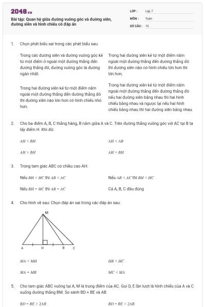 Bài tập: Quan hệ giữa đường vuông góc và đường xiên, đường xiên và hình chiếu có đáp án