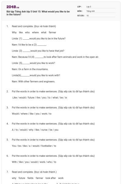 Bài tập Tiếng Anh lớp 5 Unit 15: What would you like to be in the future?
