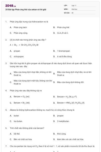 20 Bài tập Phản ứng thế của ankan có lời giải