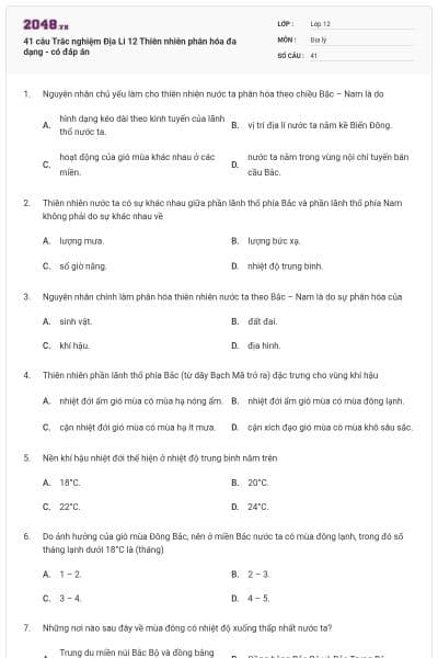 41 câu Trắc nghiệm Địa Li 12 Thiên nhiên phân hóa đa dạng - có đáp án
