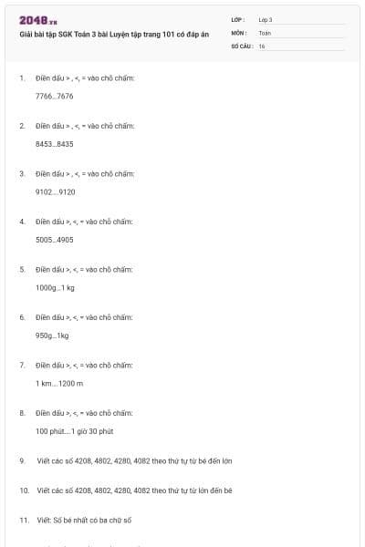 Giải bài tập SGK Toán 3 bài Luyện tập trang 101 có đáp án