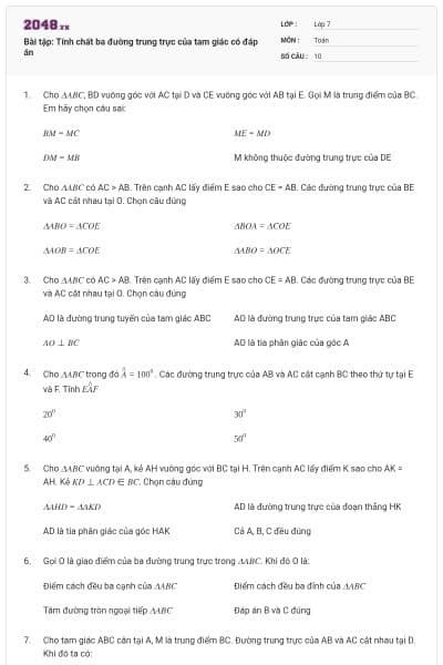 Bài tập: Tính chất ba đường trung trực của tam giác có đáp án