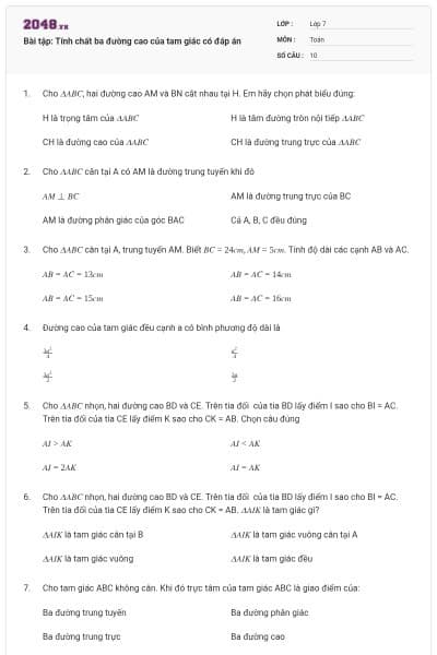 Bài tập: Tính chất ba đường cao của tam giác có đáp án