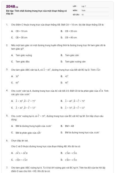 Bài tập: Tính chất đường trung trực của một đoạn thẳng có đáp án