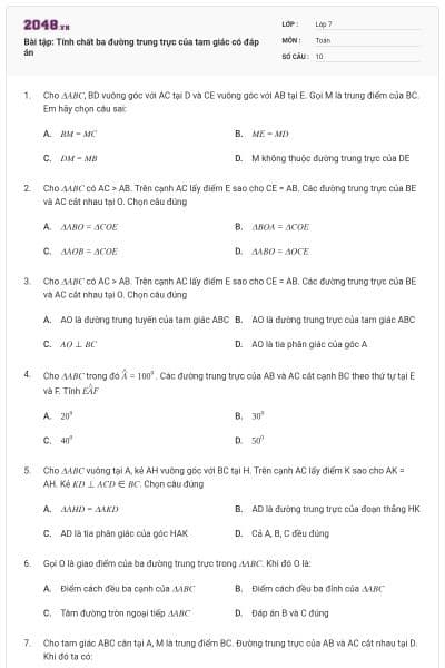 Bài tập: Tính chất ba đường trung trực của tam giác có đáp án