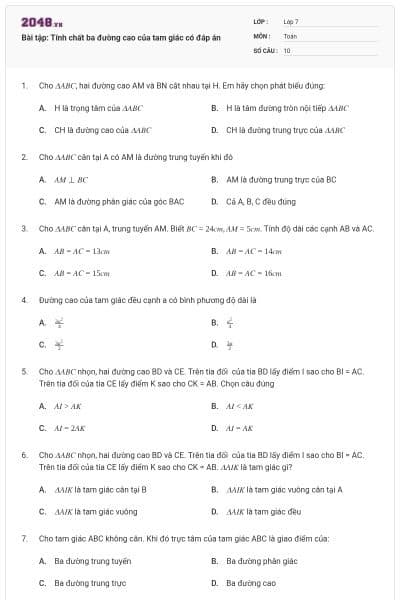Bài tập: Tính chất ba đường cao của tam giác có đáp án