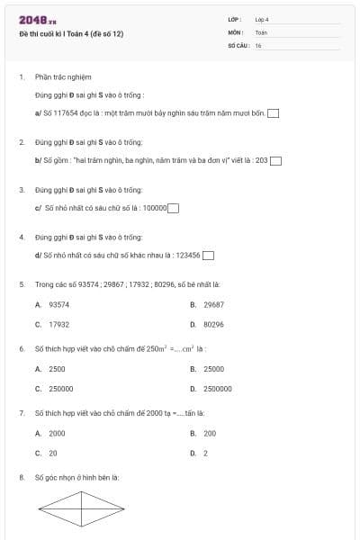 Đề thi cuối kì I Toán 4 (đề số 12)