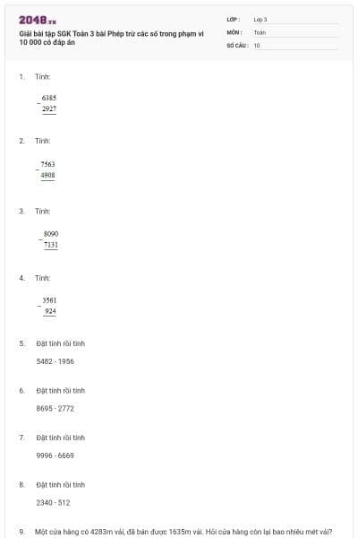 Giải bài tập SGK  Toán 3 bài Phép trừ các số trong phạm vi 10 000 có đáp án