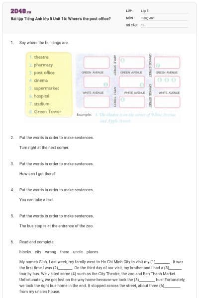 Bài tập Tiếng Anh lớp 5 Unit 16: Where's the post office?