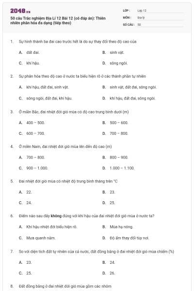 50 câu Trắc nghiệm Địa Lí 12 Bài 12 (có đáp án): Thiên nhiên phân hóa đa dạng (tiếp theo)