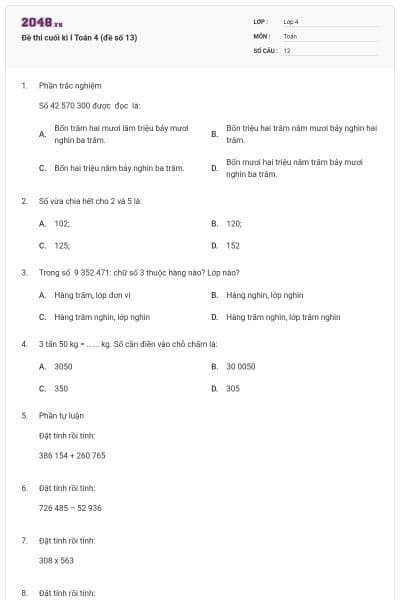 Đề thi cuối kì I Toán 4 (đề số 13)
