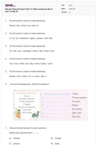 Bài tập Tiếng Anh lớp 5 Unit 17: What would you like to eat? có đáp án