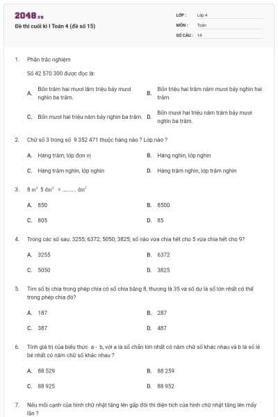 Đề thi cuối kì I Toán 4 (đề số 15)