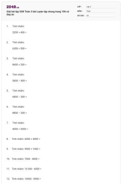 Giải bài tập SGK Toán 3 bài Luyện tập chung trang 106 có đáp án