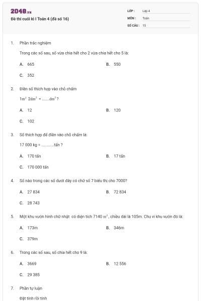 Đề thi cuối kì I Toán 4 (đề số 16)
