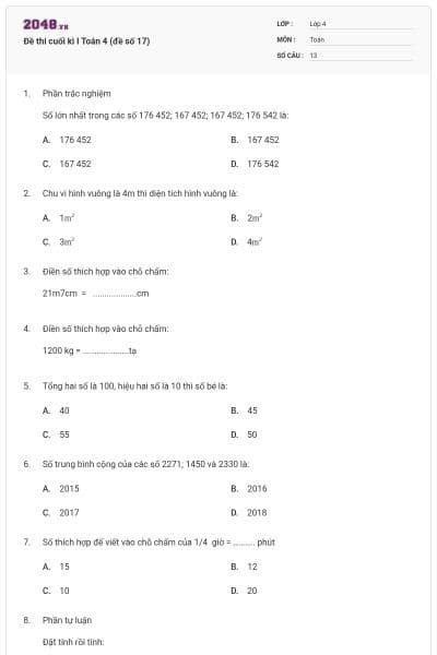 Đề thi cuối kì I Toán 4 (đề số 17)
