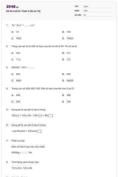 Đề thi cuối kì I Toán 4 (đề số 18)