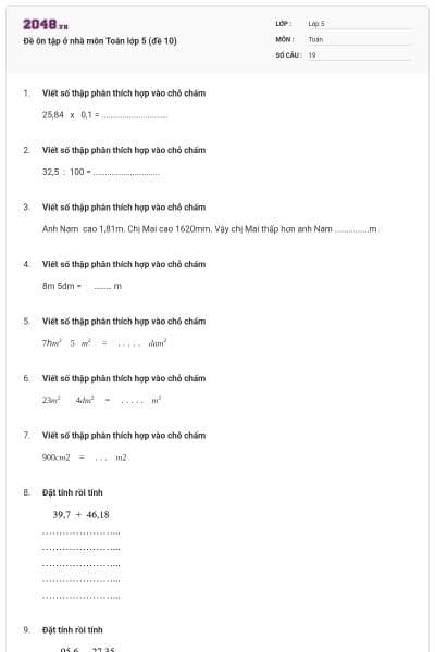 Đề ôn tập ở nhà môn Toán lớp 5 (đề 10)