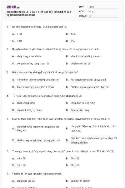 Trắc nghiệm Địa Lí 12 Bài 14 (có đáp án): Sử dụng và bảo vệ tài nguyên thiên nhiên
