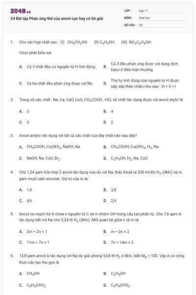 24 Bài tập Phản ứng thế của ancol cực hay có lời giải