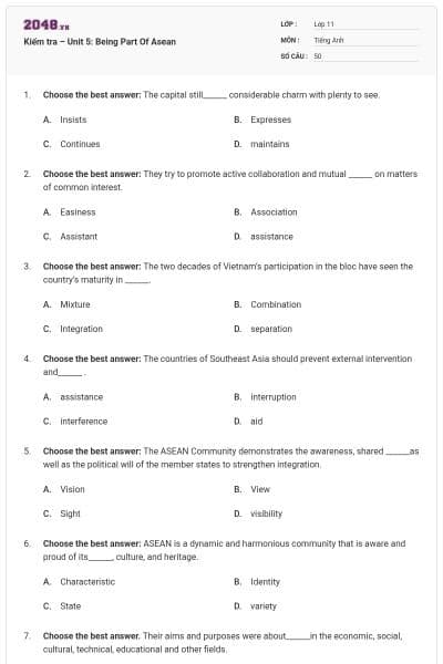 Kiểm tra – Unit 5: Being Part Of Asean