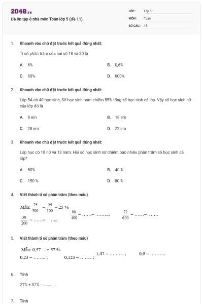 Đề ôn tập ở nhà môn Toán lớp 5 (đề 11)