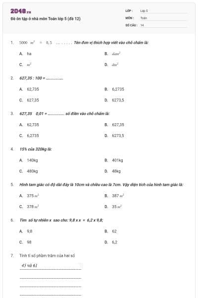 Đề ôn tập ở nhà môn Toán lớp 5 (đề 12)
