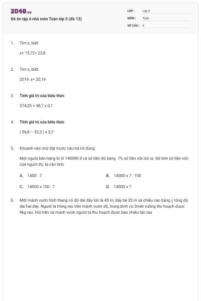 Đề ôn tập ở nhà môn Toán lớp 5 (đề 13)