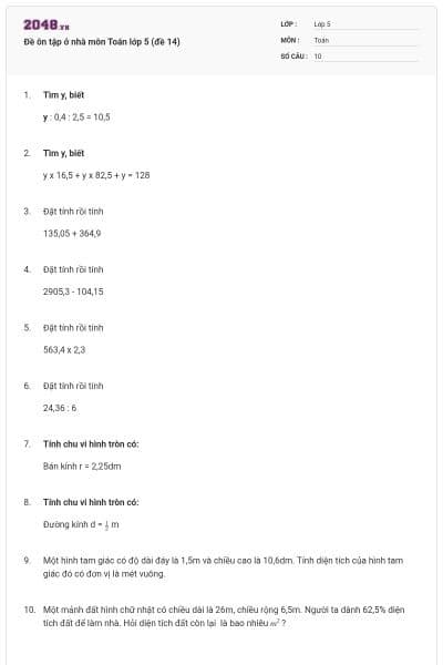 Đề ôn tập ở nhà môn Toán lớp 5 (đề 14)