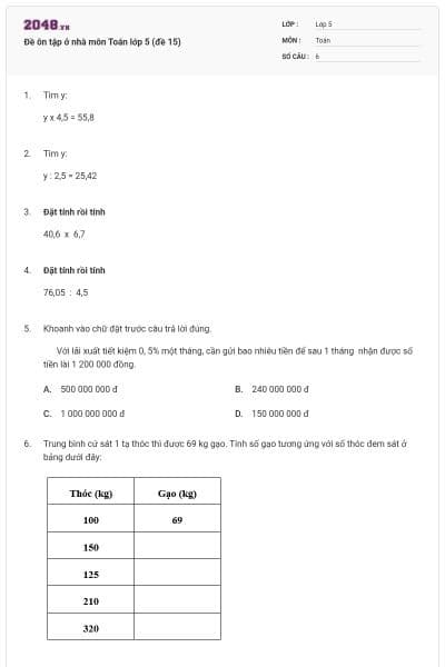 Đề ôn tập ở nhà môn Toán lớp 5 (đề 15)