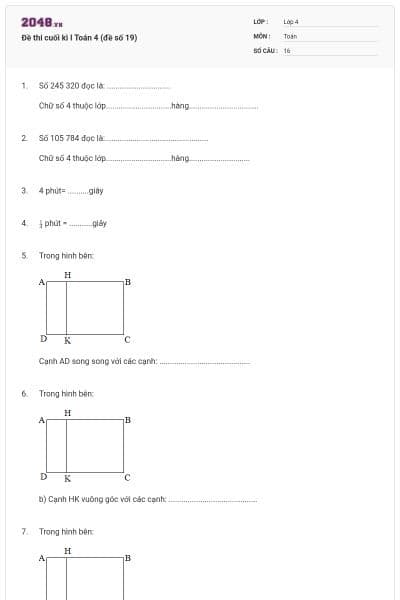 Đề thi cuối kì I Toán 4 (đề số 19)