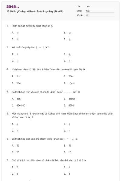 15 Đề thi giữa học kì II môn Toán 4 cực hay (đề số 8)
