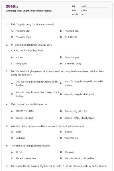 20 Bài tập Phản ứng thế của ankan có lời giải