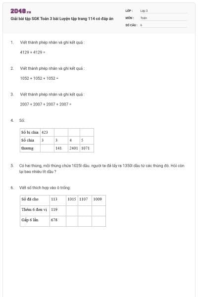 Giải bài tập SGK Toán 3 bài Luyện tập trang 114 có đáp án