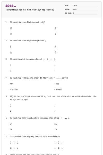 15 Đề thi giữa học kì II môn Toán 4 cực hay (đề số 9)
