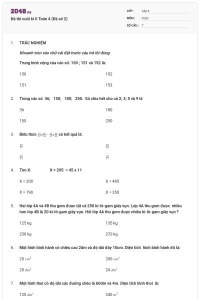 Đề thi cuối kì II Toán 4 (Đề số 2)