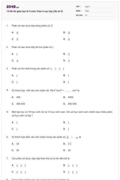 15 Đề thi giữa học kì II môn Toán 4 cực hay (đề số 9)