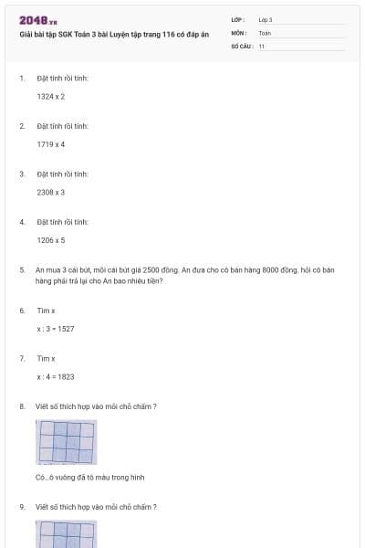 Giải bài tập SGK Toán 3 bài Luyện tập trang 116 có đáp án