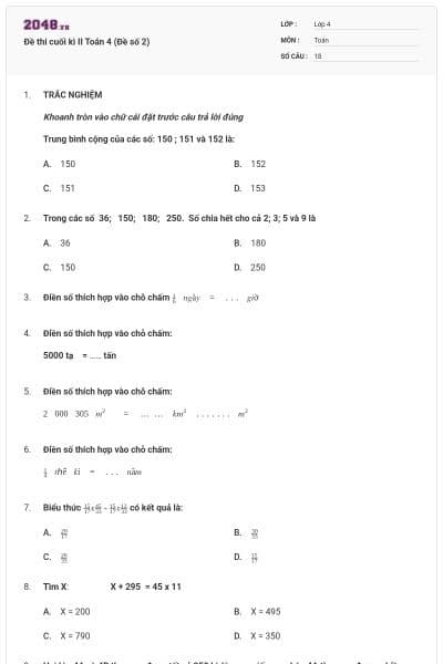 Đề thi cuối kì II Toán 4 (Đề số 2)