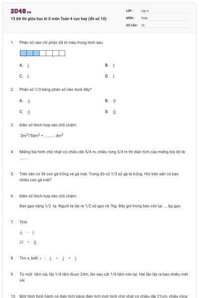 15 Đề thi giữa học kì II môn Toán 4 cực hay (đề số 10)