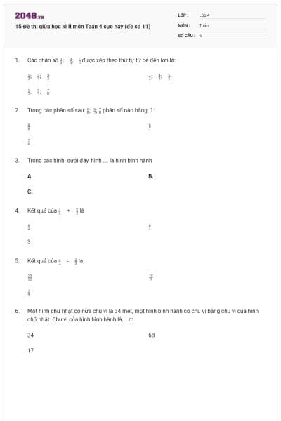 15 Đề thi giữa học kì II môn Toán 4 cực hay (đề số 11)